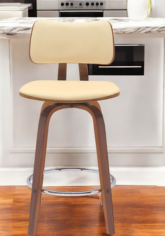 26" Cream And Wood Brown Faux Leather Swivel Low Back Counter Height Bar Chair-0