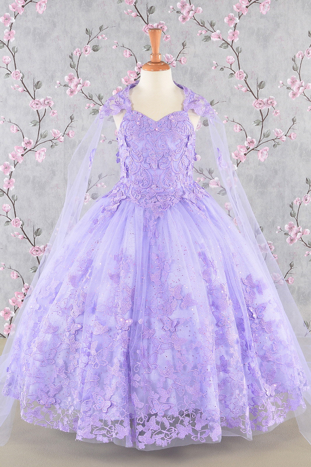 3D Butterfly Sequin Mesh w/ Detachable Long Mesh Cape Kid Dress GLGK114-5