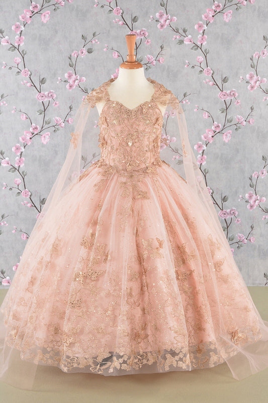 3D Butterfly Sequin Mesh w/ Detachable Long Mesh Cape Kid Dress GLGK114-0