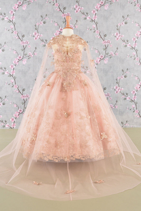 3D Butterfly Sequin Mesh w/ Detachable Long Mesh Cape Kid Dress GLGK114-1