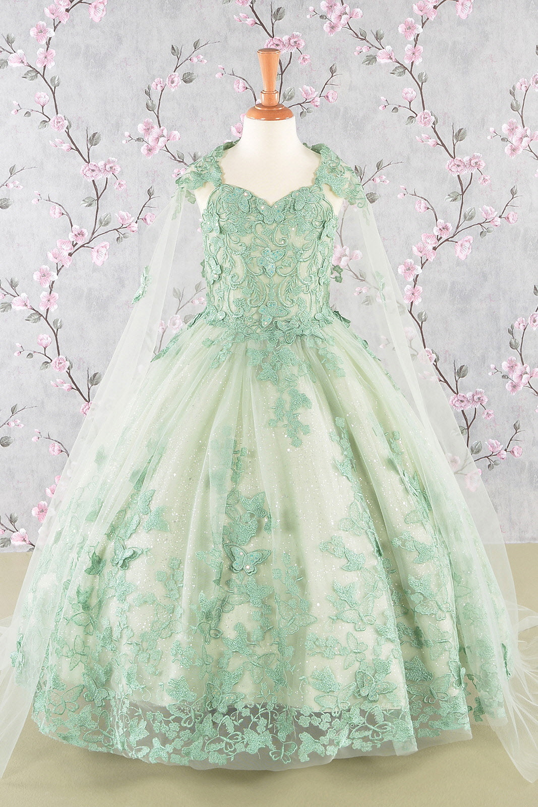 3D Butterfly Sequin Mesh w/ Detachable Long Mesh Cape Kid Dress GLGK114-4